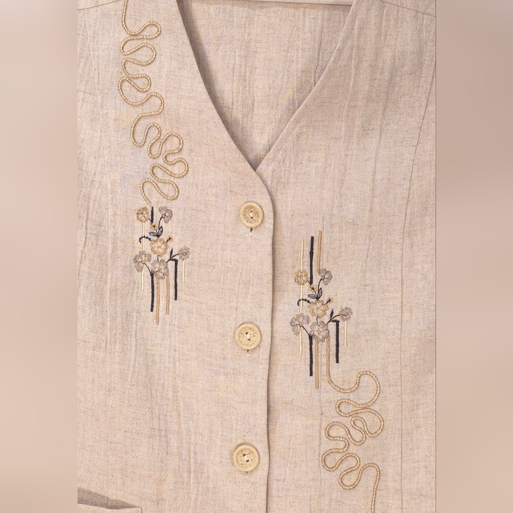Vintage Beige Embroidered Vest Linen Blend US10 - Picture 4 of 8